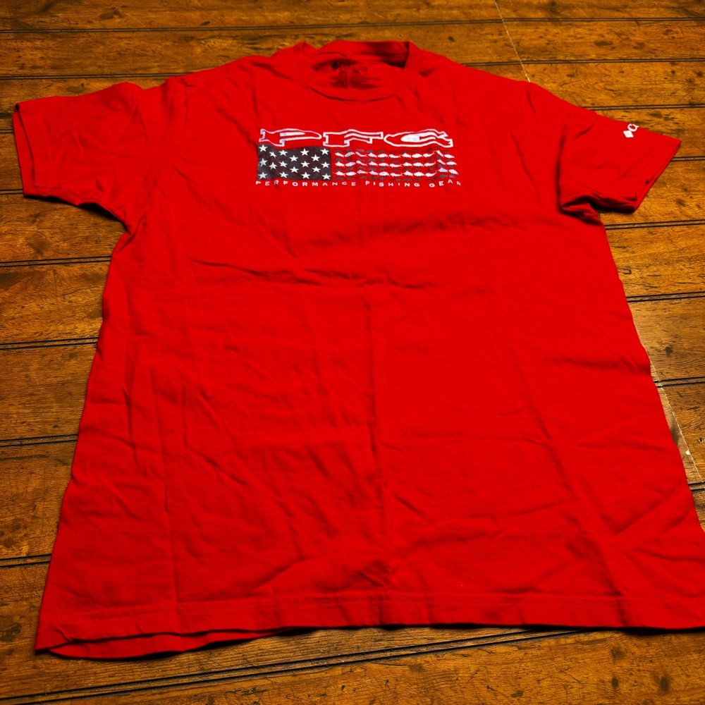 Columbia PFG Mens Red Performance Fishing Gear American Flag Fish T-Shirt Large