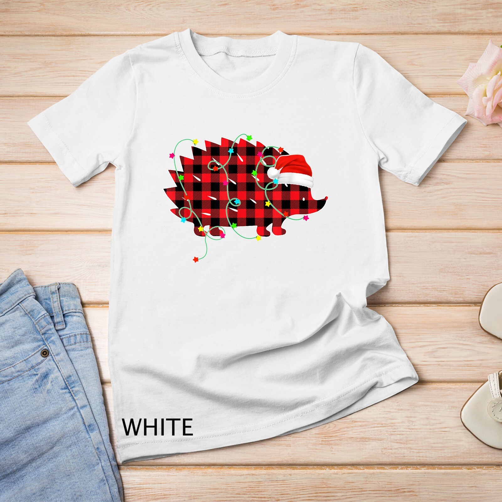 Funny Hedgehog Christmas Tree Red Plaid Xmas Animals Lover Unisex T-shirt