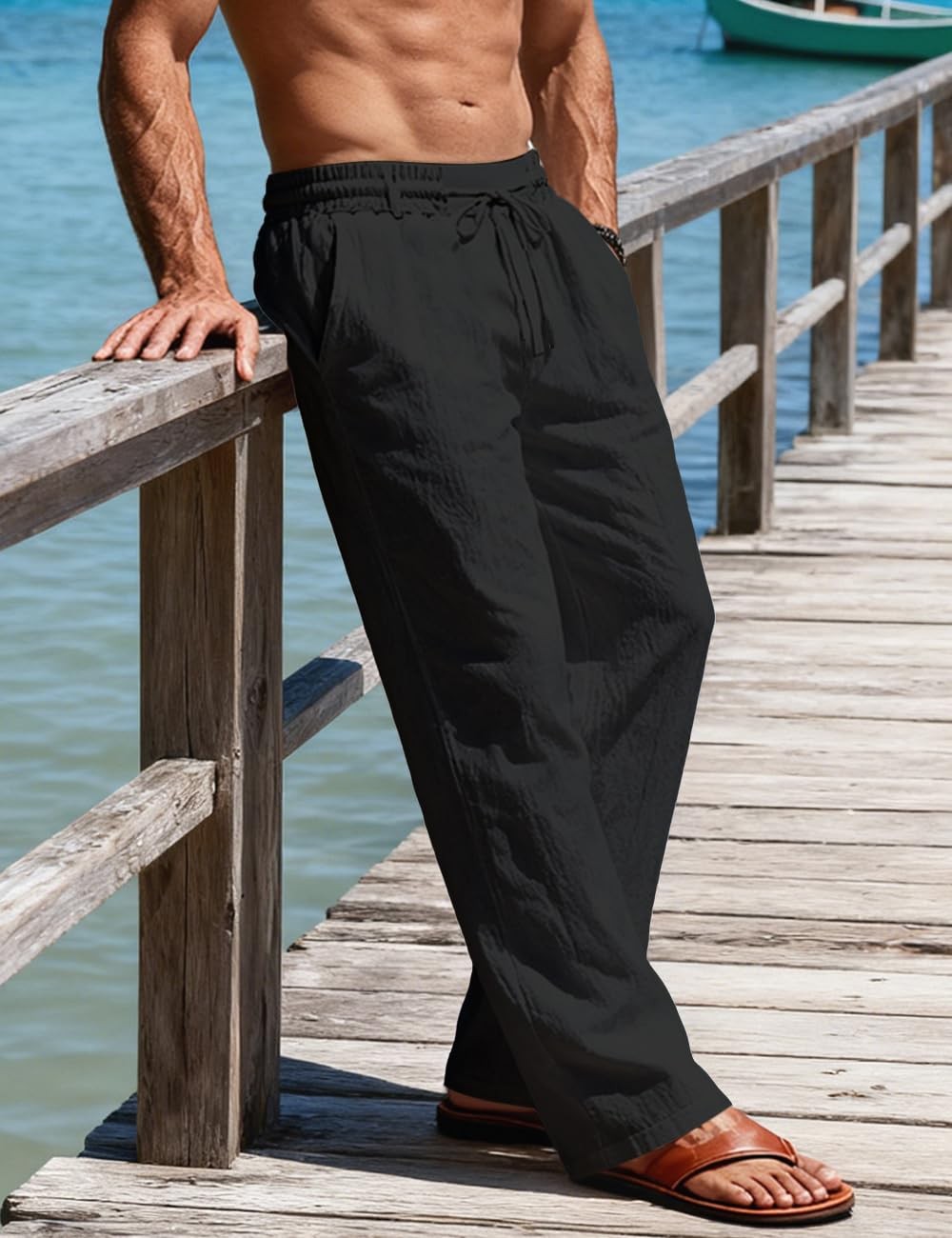 Men's Casual Linen Pants Elastic Waist Drawstring Summer Beach Lightweight Tr... gallery