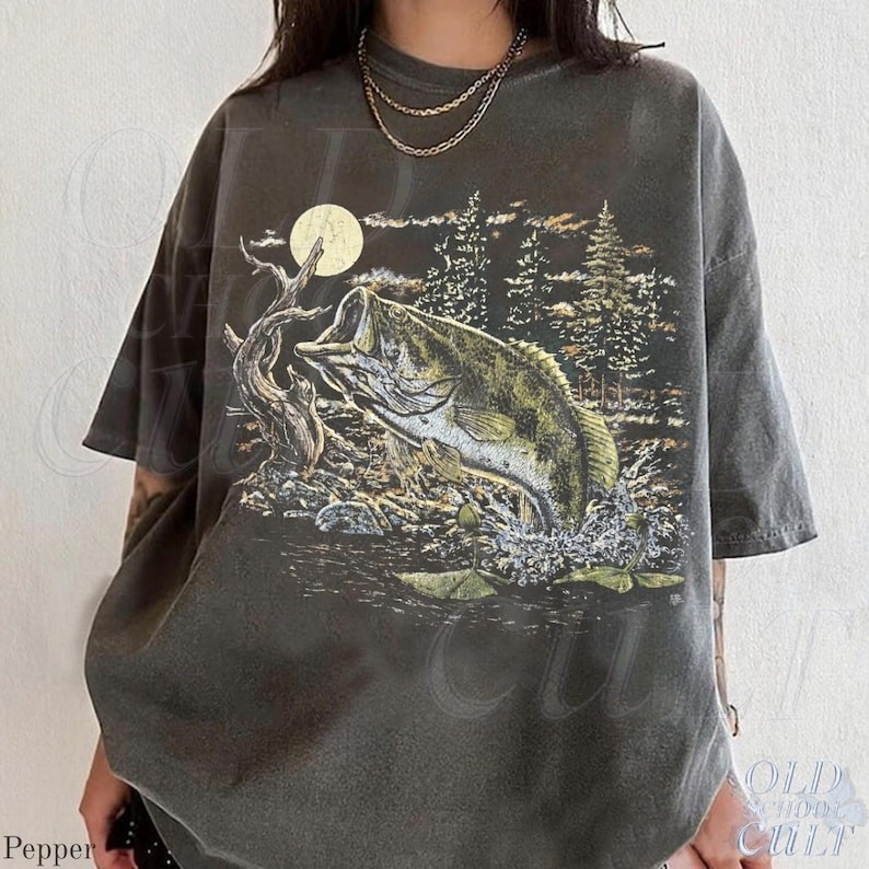 Vintage 90s Largemouth Bass Fishing Graphic T-Shirt Retro Moon Tee gallery