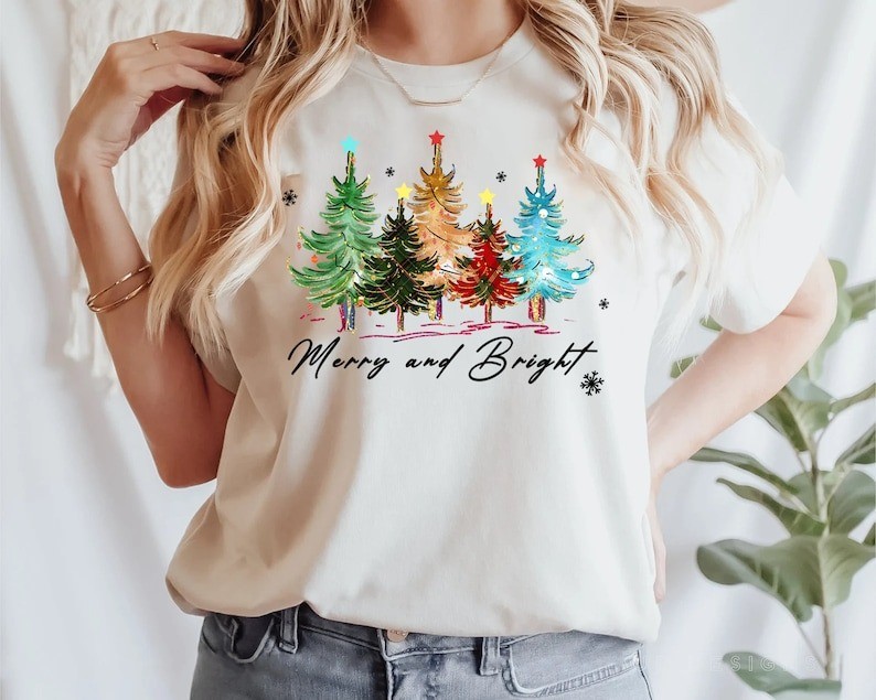 Merry and Bright Trees, Womens Christmas,Christmas Gift,Chic Winter Shirt