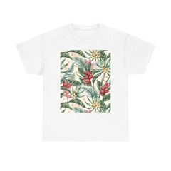 Tropical Floral Pattern T-Shirt | Palm Leaves & Red Heliconia