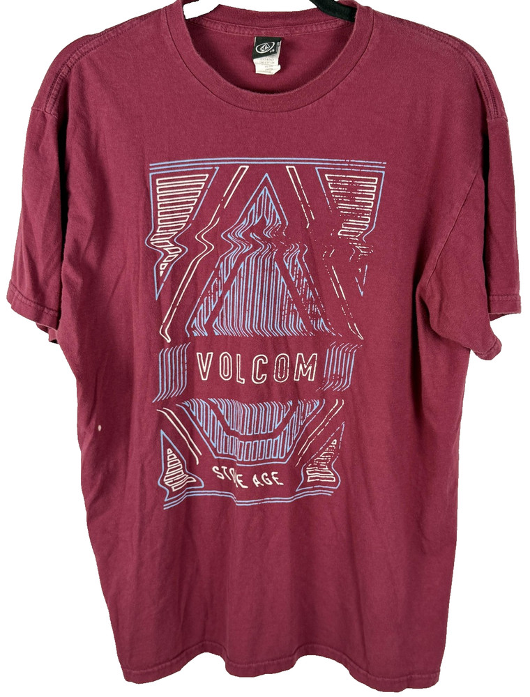 Volcom Men’s Stone Age Large Burgundy Graphic Surf Tee Streetwear
