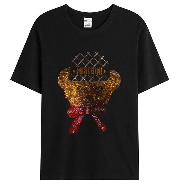 New Men Fashion Diamond Rhinestones Bear Luxury Black T-Shirt High Quality gallery