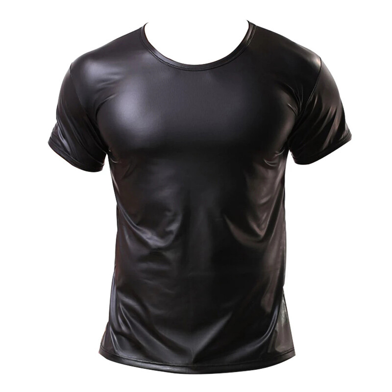 Mens Sexy Wet Look Patent Leather T-shirt Slim Tight Muscle Top Clubwear gallery