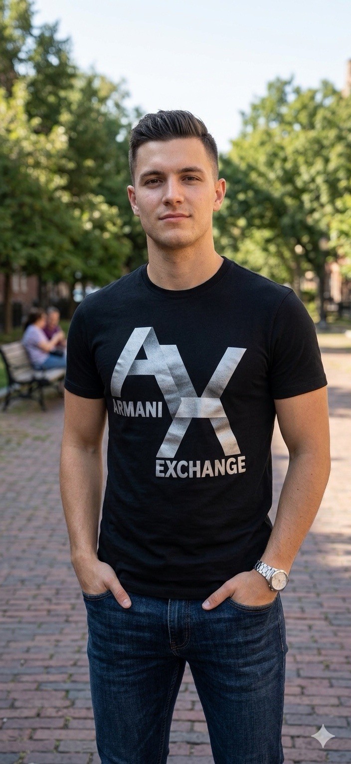 ARMANI EXCHANGE Black Silver AX LOGO Short Sleeve Slim Fit Designer T-shirt NWT gallery