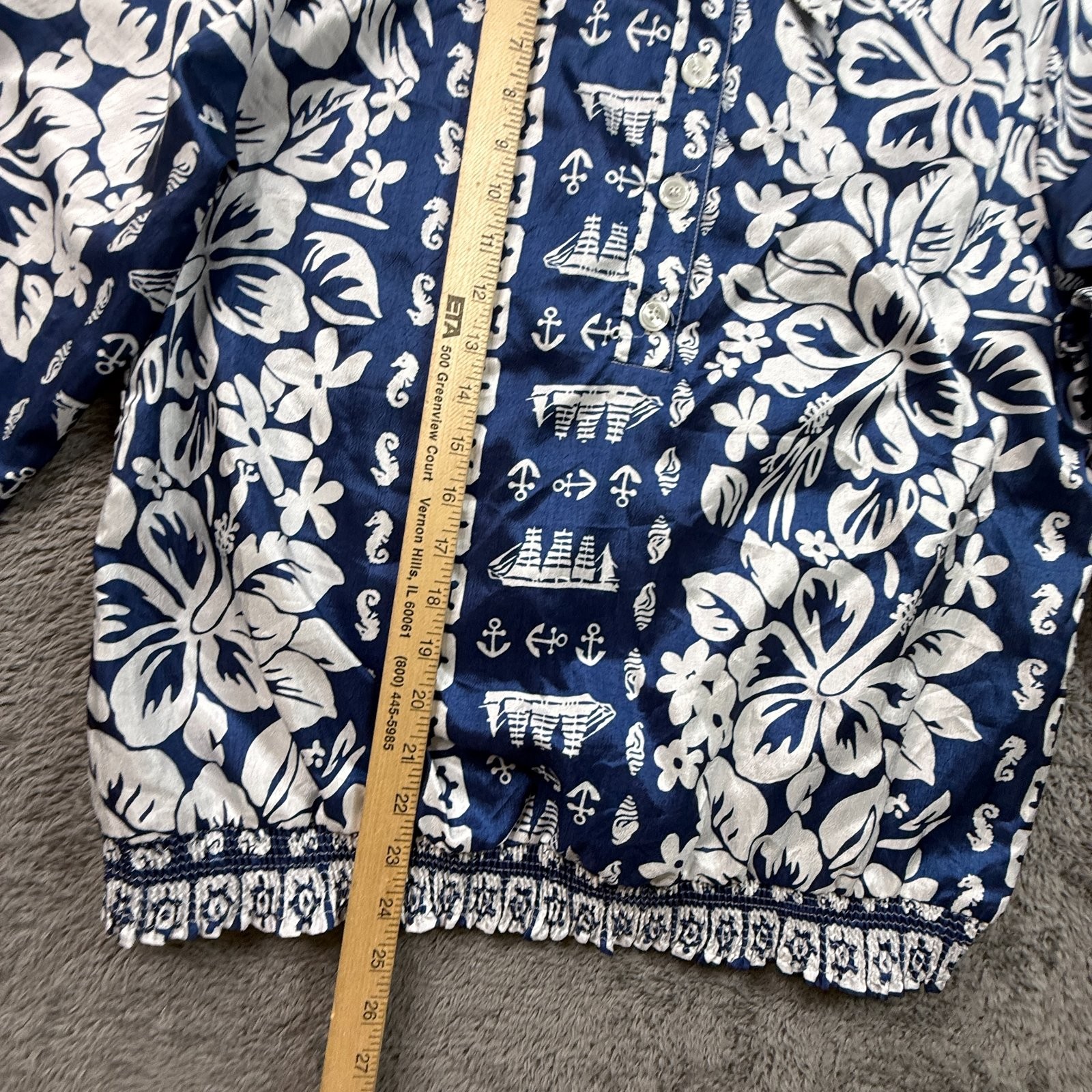 Vintage 80s Pyke Ltd Hawaiian Shirt Womens M Navy Blue Hibiscus Nautical Print gallery