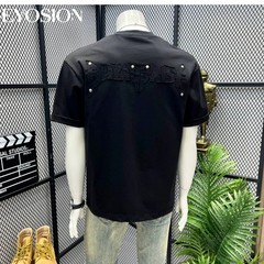Men High Street Letter Patch Embroidered T-Shirt Rivet Heavy Weight Casual Tee