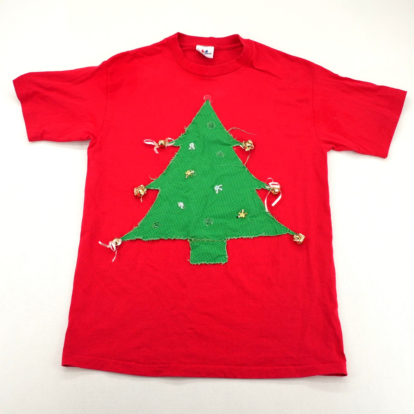 Vintage Teejays Embroidered Christmas Tree Red Shirt Mens M Holiday Tee Single S gallery