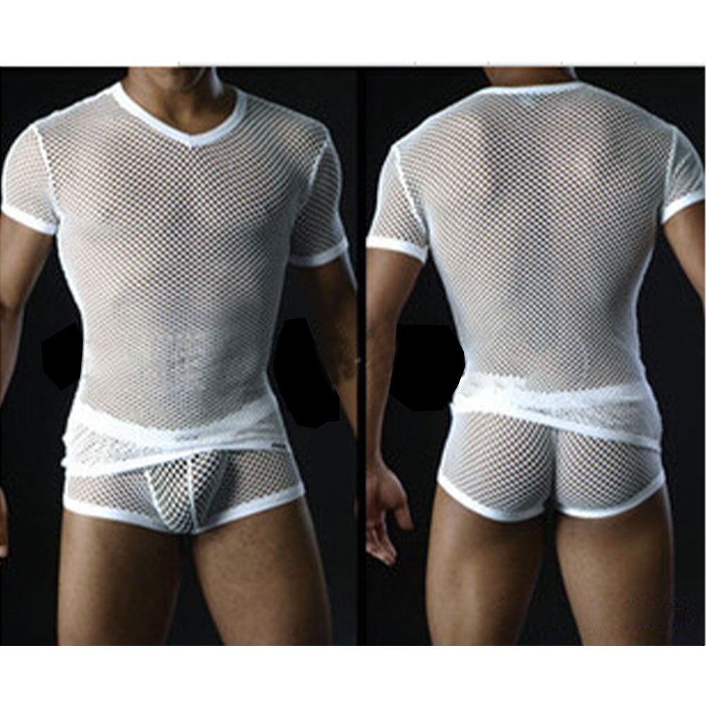 Cotton Mesh Mens T Shirts See Through Summer Thin Tops White Black Casual gallery