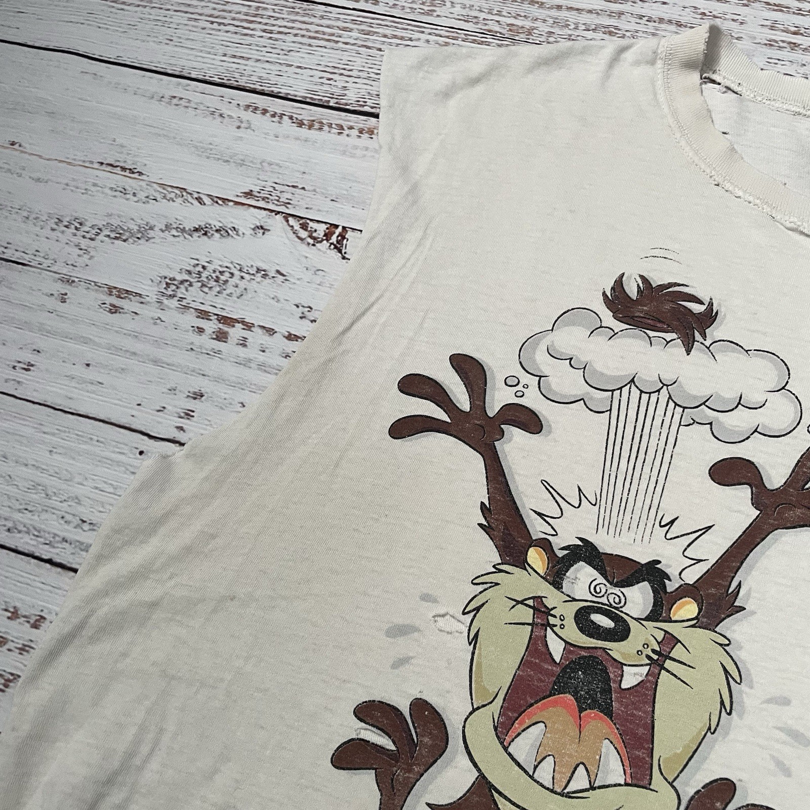 Vintage 90s Taz Looney Tunes Distressed Worn Faded Cut Off White Shirt Adult 2XL gallery