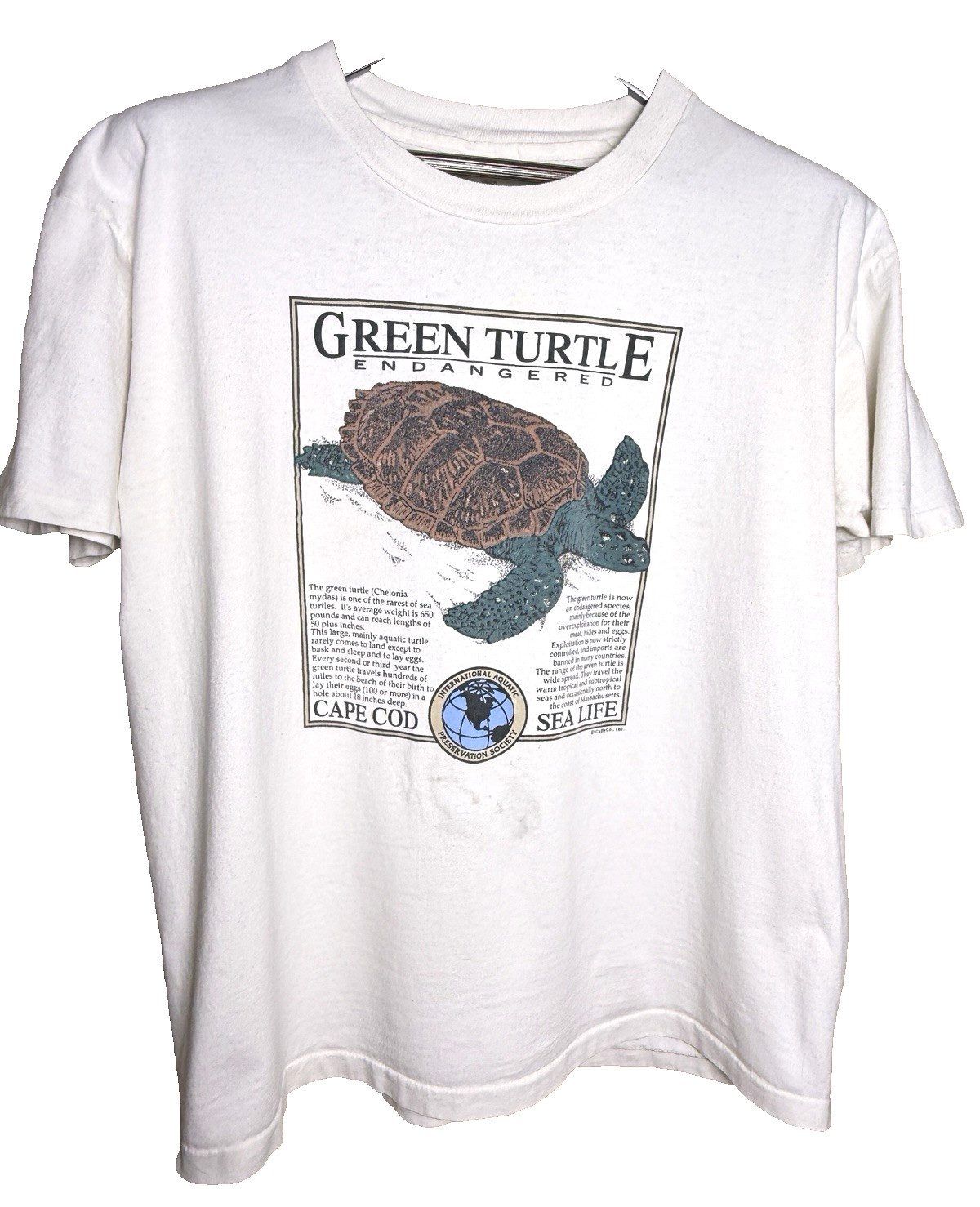 Vintage Green Turtle Endangered Cape Cod Sea Life Shirt Single Stitch XL Cuffy