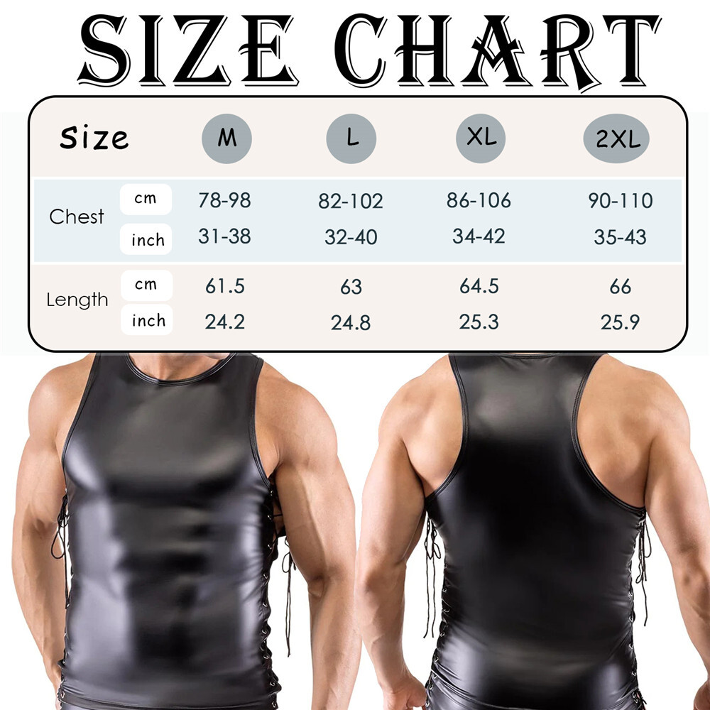 Men’s PVC Leather Sleeveless T-shirts Vests Tops Lace-up Zipper Shorts Clubwear
