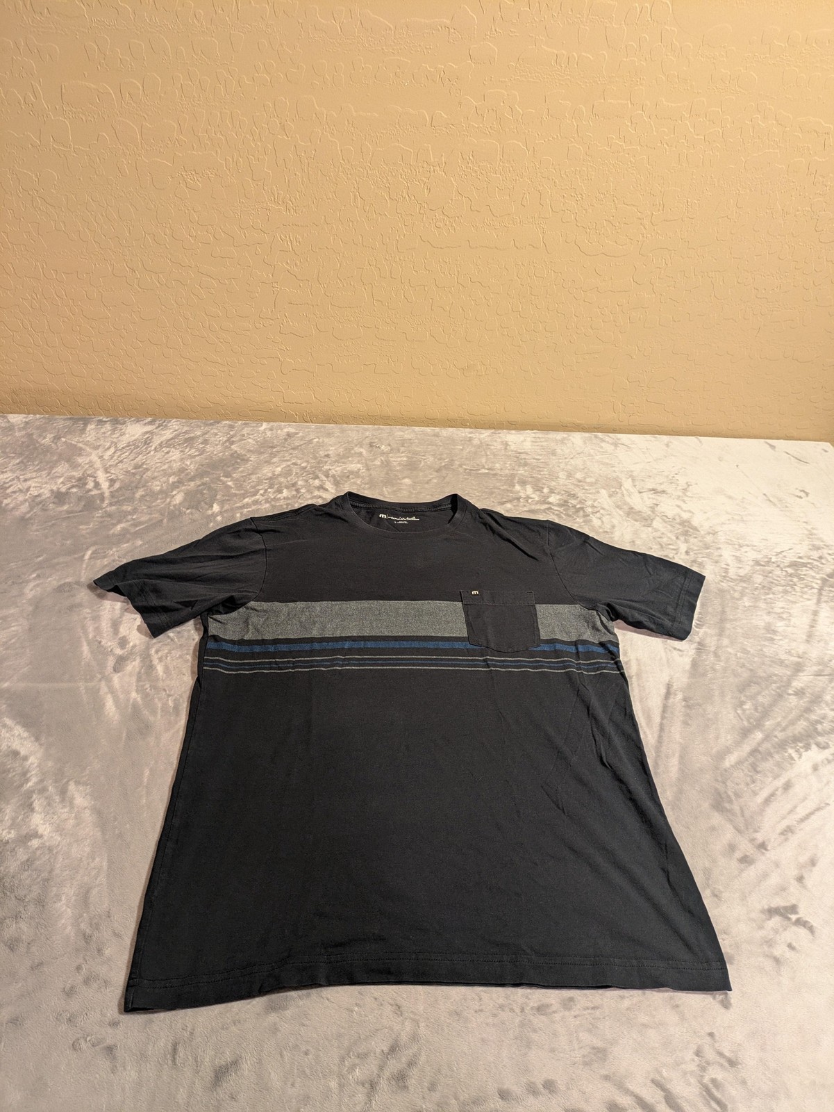 TravisMathew Shirt Mens Large Gray Blue Striped Pocket Tee Casual Golf Crewneck gallery