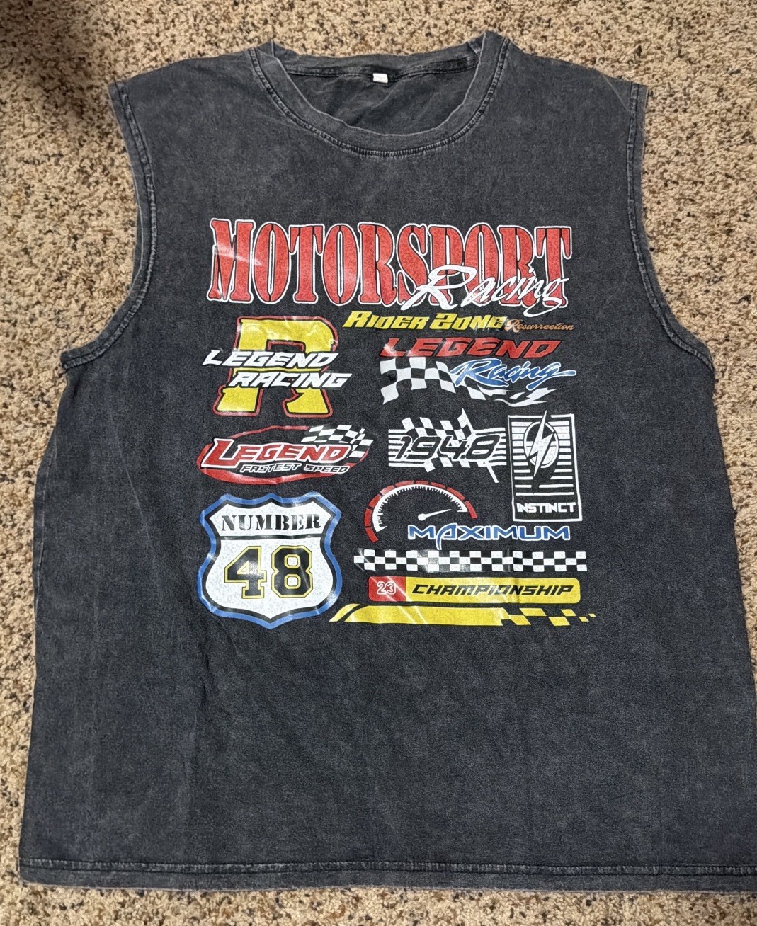 Men’s Motorsport Racing Graphic Print Sleeveless Crew Neck Cotton Knit T-Shirt L