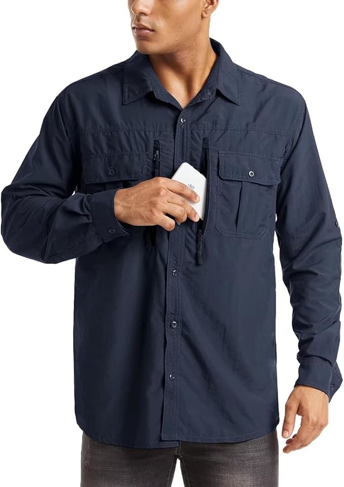 Mens Long Sleeve Cargo Shirt Sun Protection Outdoor Hiking Quick Dry Work Shirts gallery