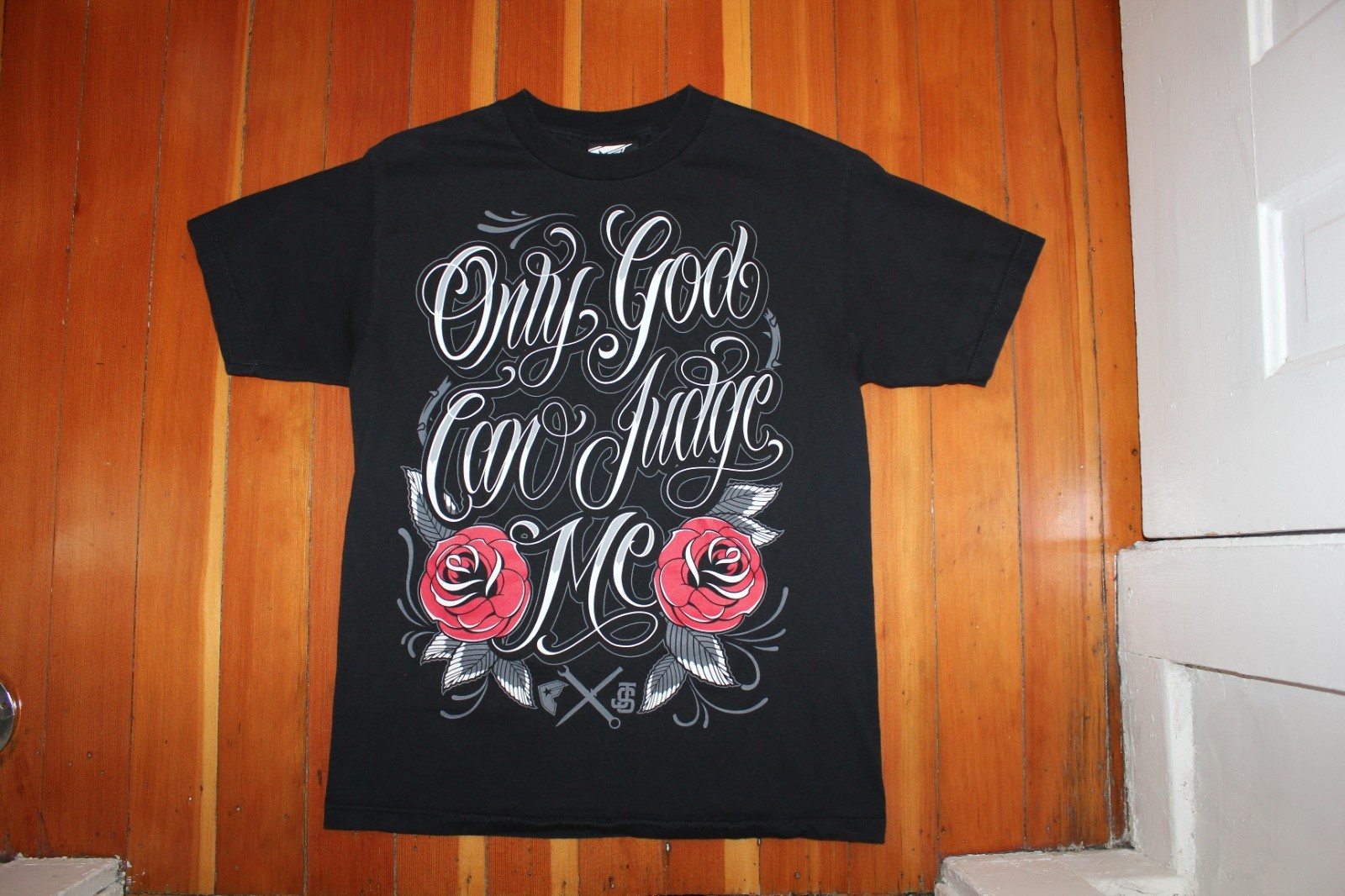 Famous Stars and Straps T-Shirt Black MEDIUM Only God Can Judge Me Y2K Roses JS gallery