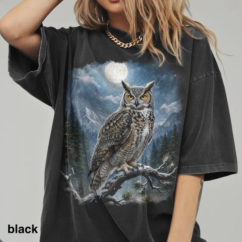 Great Horned Owl Moon Mountain Wildlife Nature Bird Comfort Tee gallery