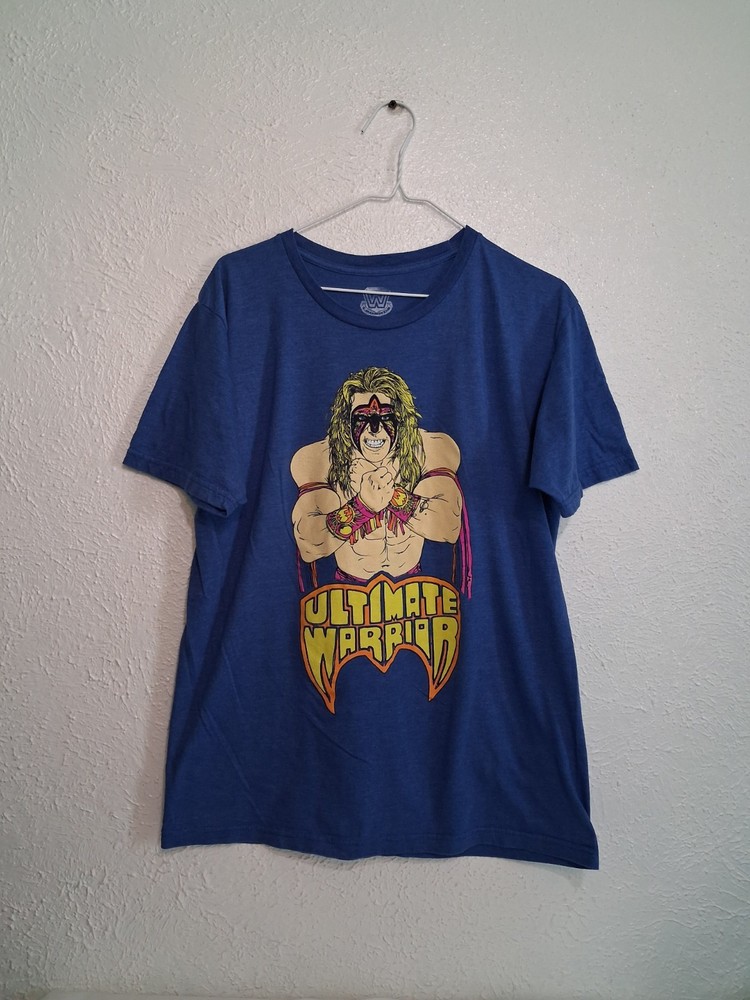 WWF / WWE Men’s Size L Ripple Junction Blue Cotton Ultimate Warrior Tee T-Shirt