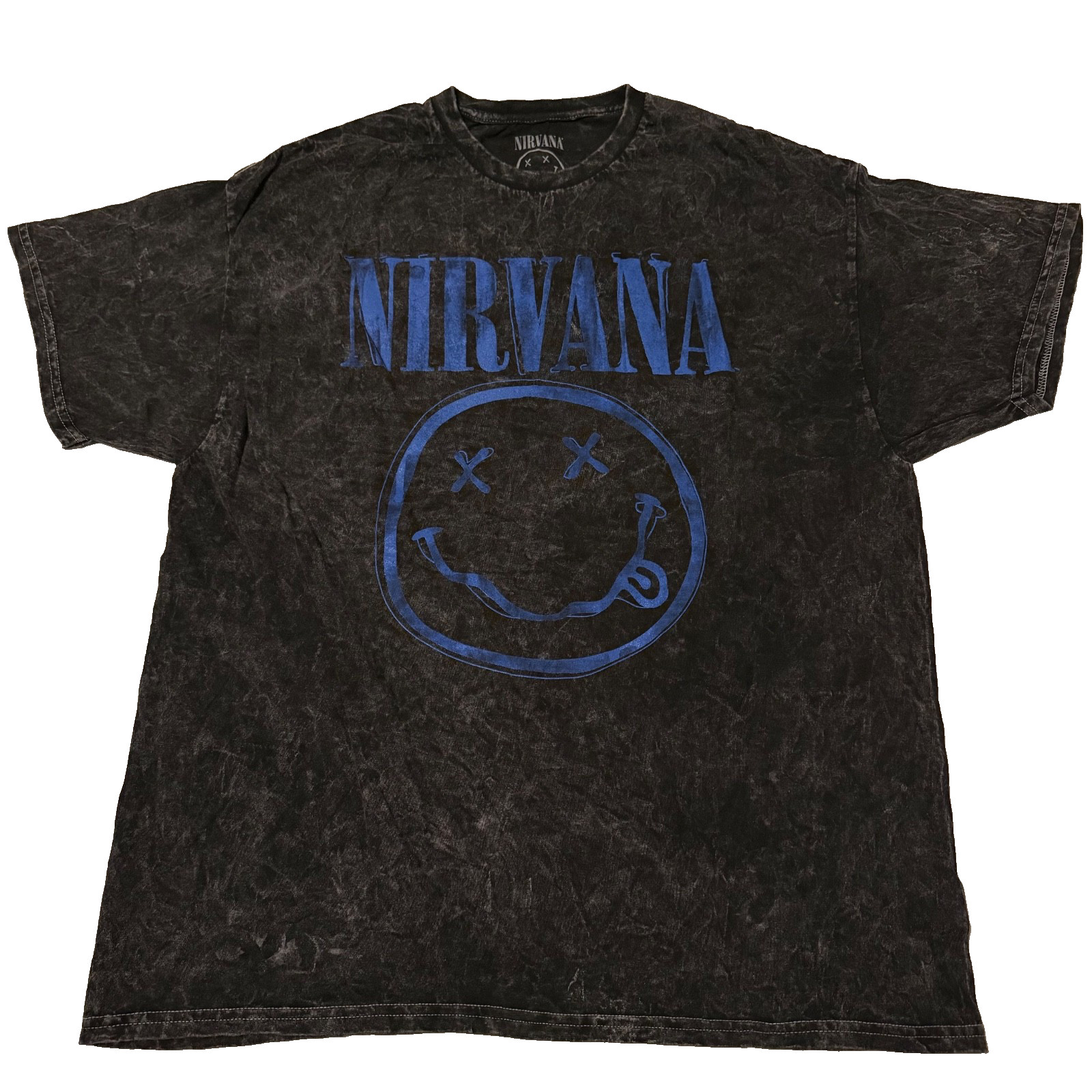Nirvana black and blue acid wash band t- shirt smiley face logo Size XL