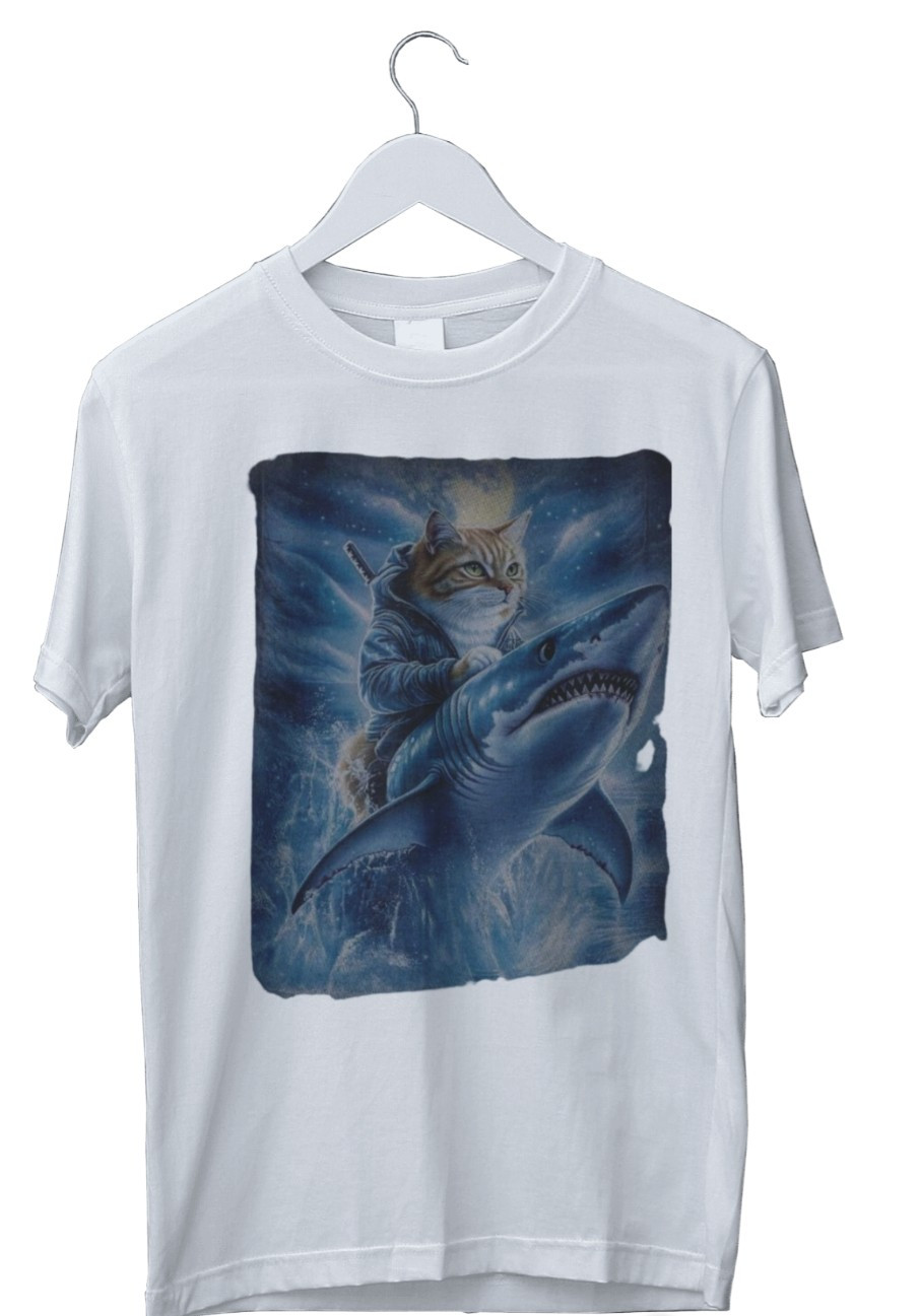 Funny-cat riding shark t-shirt-vintage Night Forest Graphic Shirt S M L XL 234XL gallery