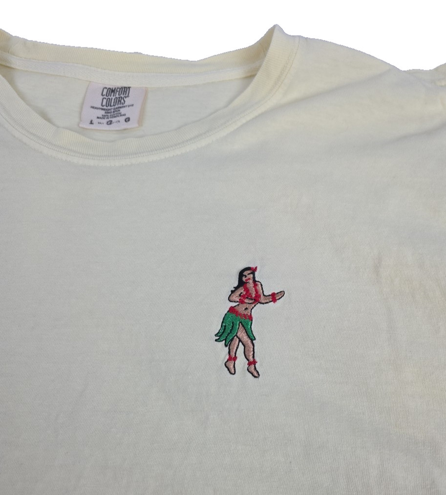Comfort Colors Mens T Shirt Embroidered Hula Girl Islands 100% Cotton Yellow Lrg