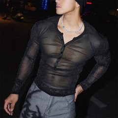 Mens Glitter Shirt Top See Through Lace T-Shirt Sheer Mesh Undershirts