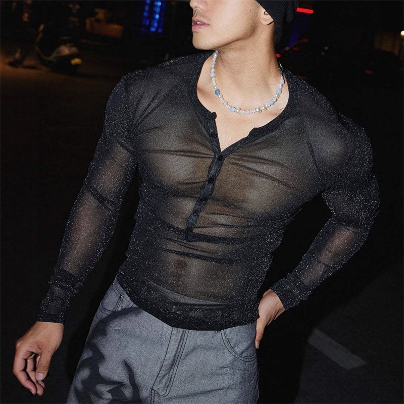 Mens Glitter Shirt Top See Through Lace T-Shirt Sheer Mesh Undershirts gallery