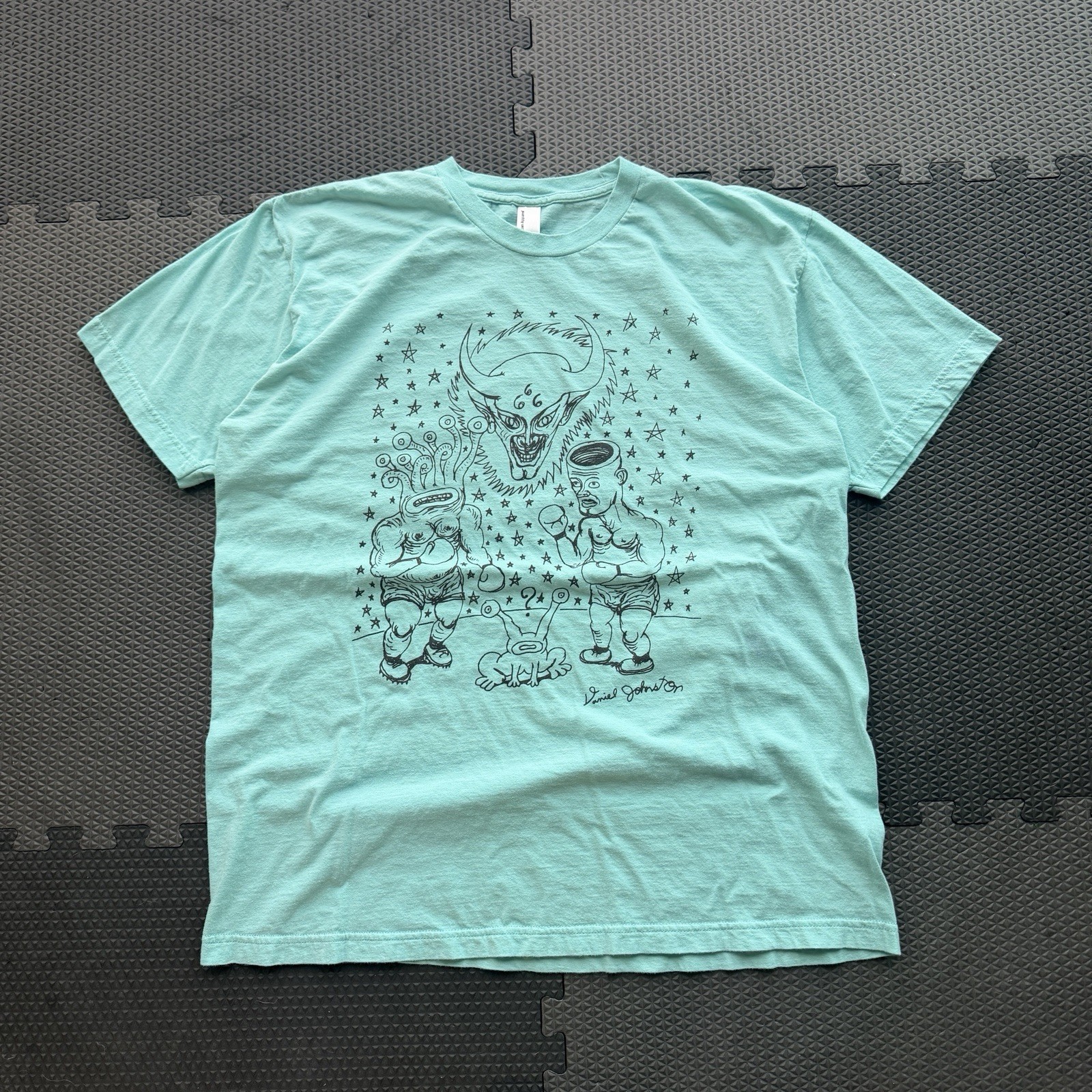 VTG 2000s Daniel Johnston “Good Versus Evil” Boxing Teal Graphic T shirt Sz XL gallery