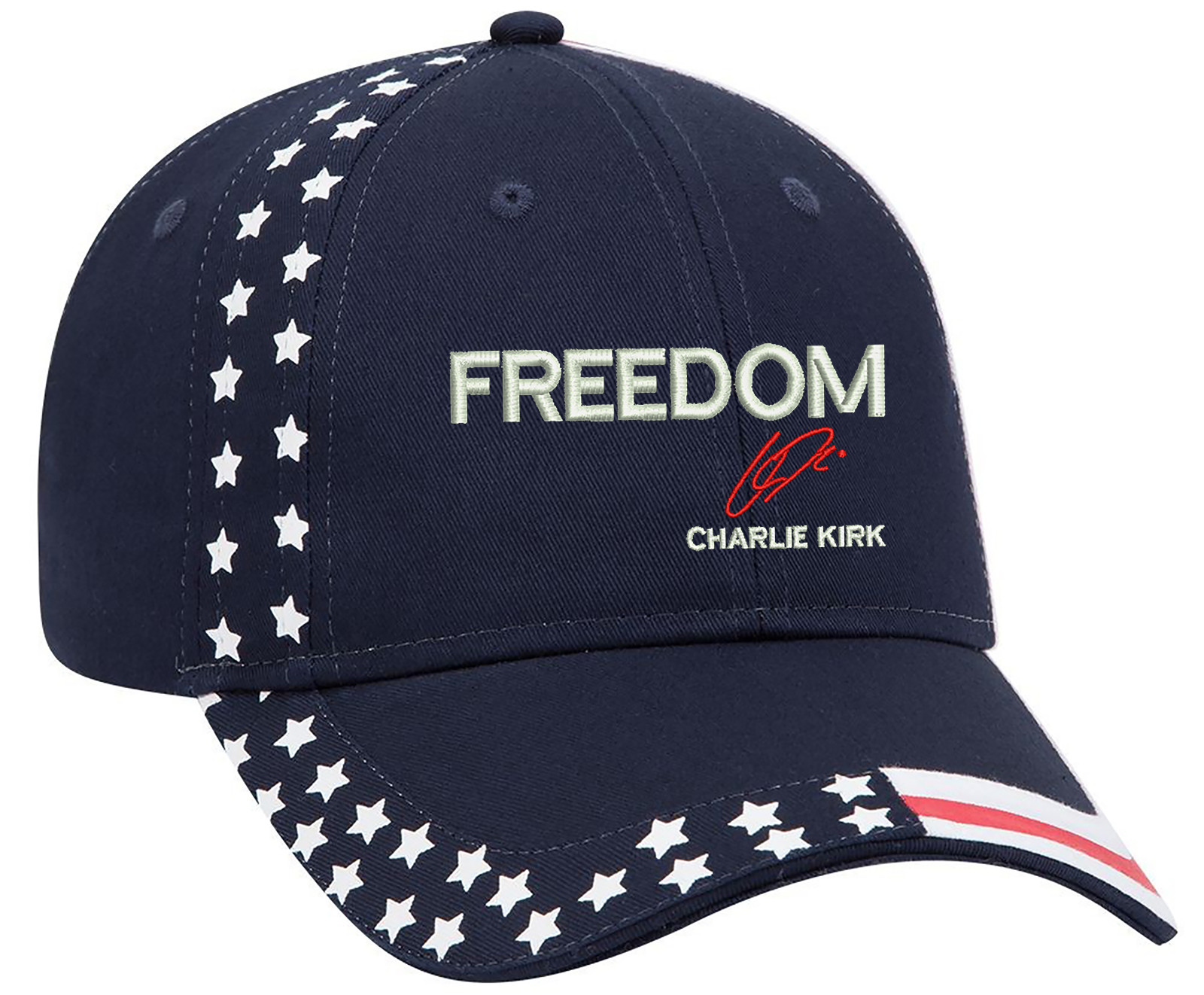 Freedom Charlie Kirk Signature Embroidered OFM Hat with US Flag Design gallery