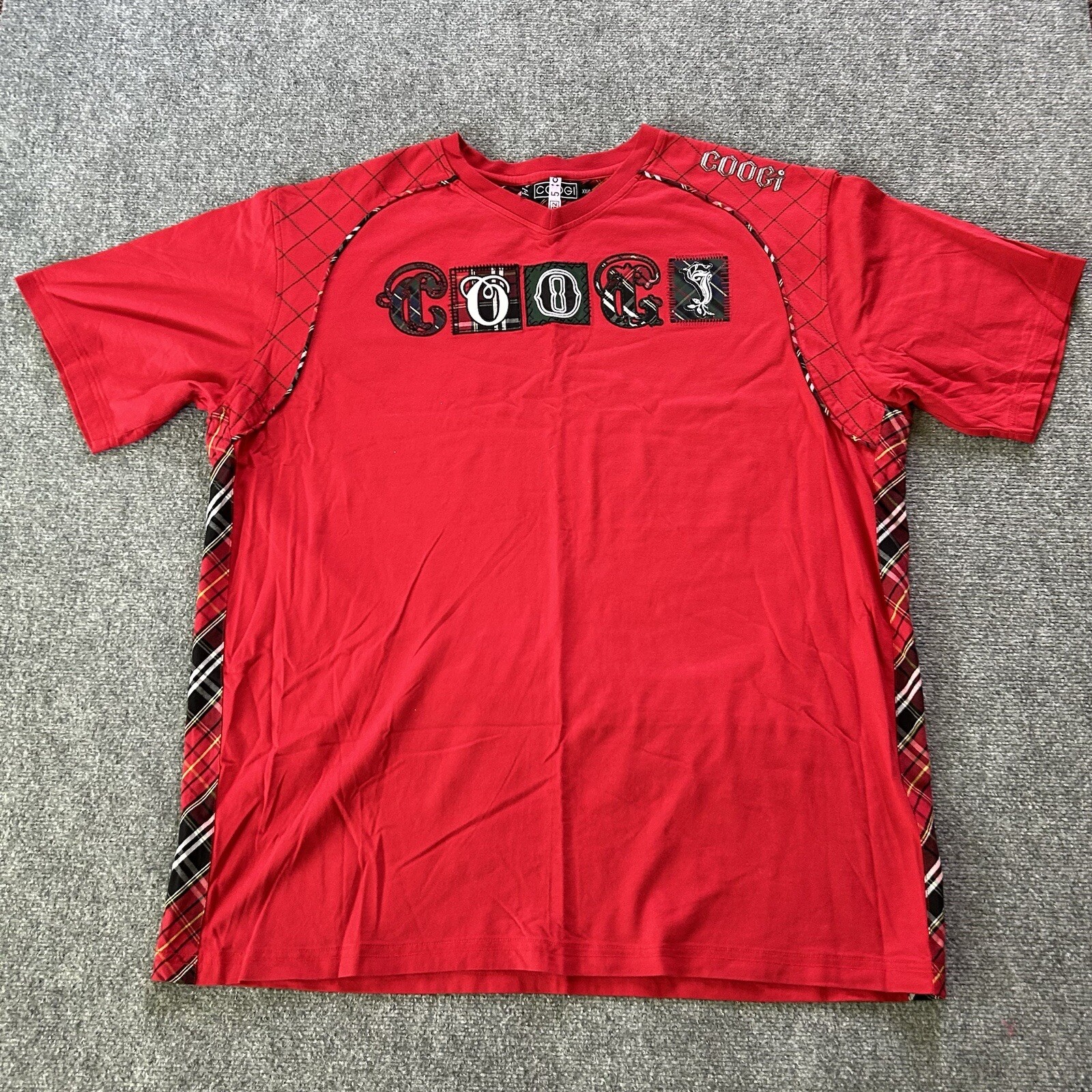 Coogi Shirt Men XXXL Red Plaid Patch Embroidered Vintage Y2K T-shirt Baggy 90’s
