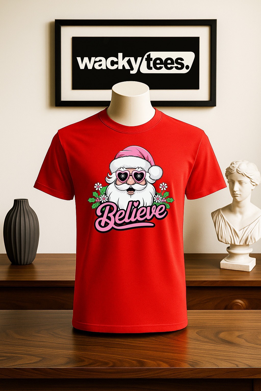 Believe In Santa Claus Pink Hat Holiday Funny Graphic Tee Shirt gallery