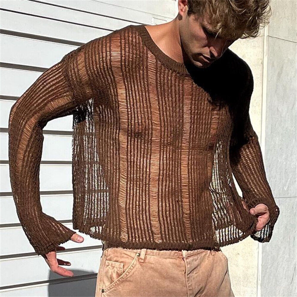 Sexy Mens Crochet Hollow Out T-Shirt Casual Shirt Tops Long Sleeve Summer gallery