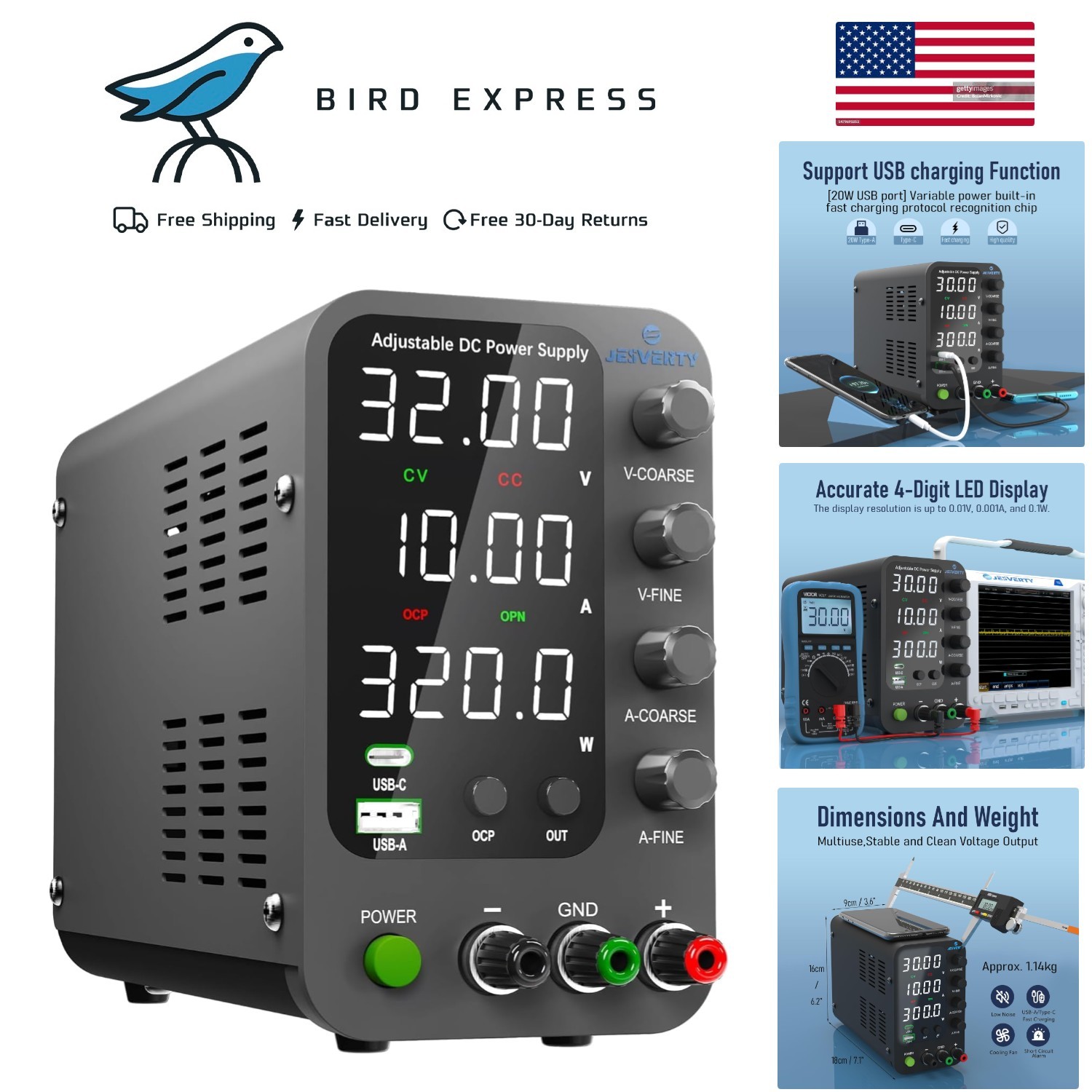 Variable DC Power Supply 0-32V 0-10A Switching Bench with USB-C Quick Charge