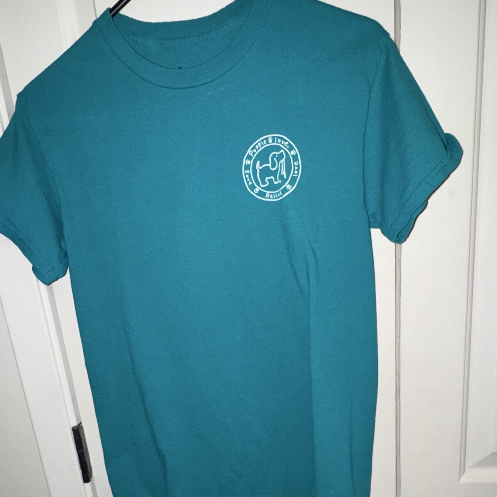 Puppie Love Teal Cotton Graphic Dog Print Crew Neck T-Shirt Size S gallery