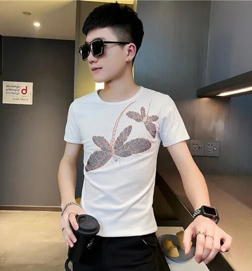 New Men Luxury Rhinestones Dragonfly Fashion Black White T-Shirt High Quality gallery