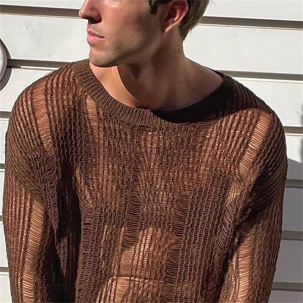 Sexy Mens Crochet Hollow Out T-Shirt Casual Shirt Tops Long Sleeve Summer gallery