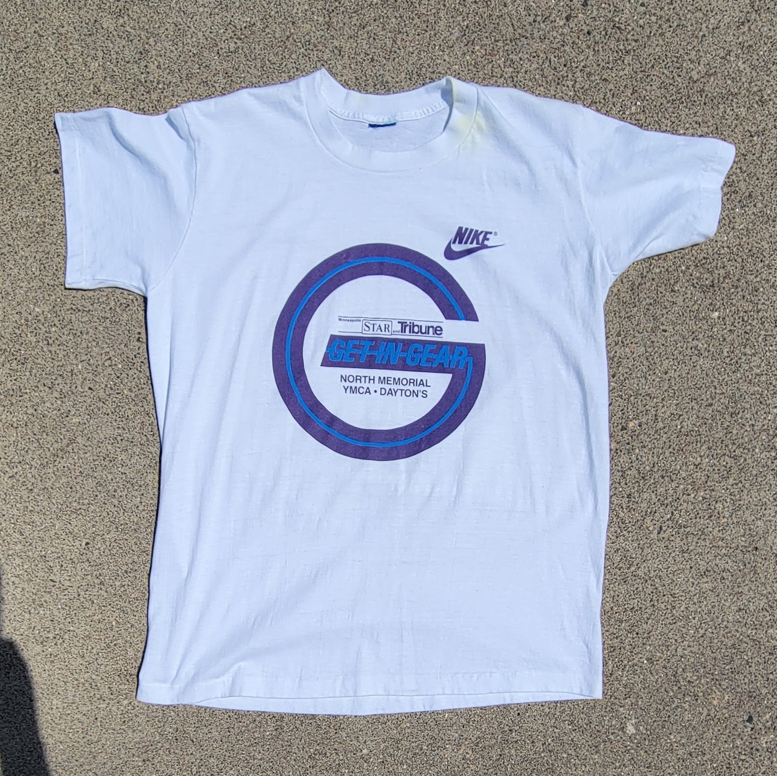 Vtg 80s Nike Swoosh Running Race Get In Gear T-shirt Single Stitch White Med USA gallery