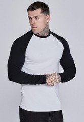 SikSilk Men’s Long Sleeved Crew Neck Muscle Fit T-Shirt Tee White and Black