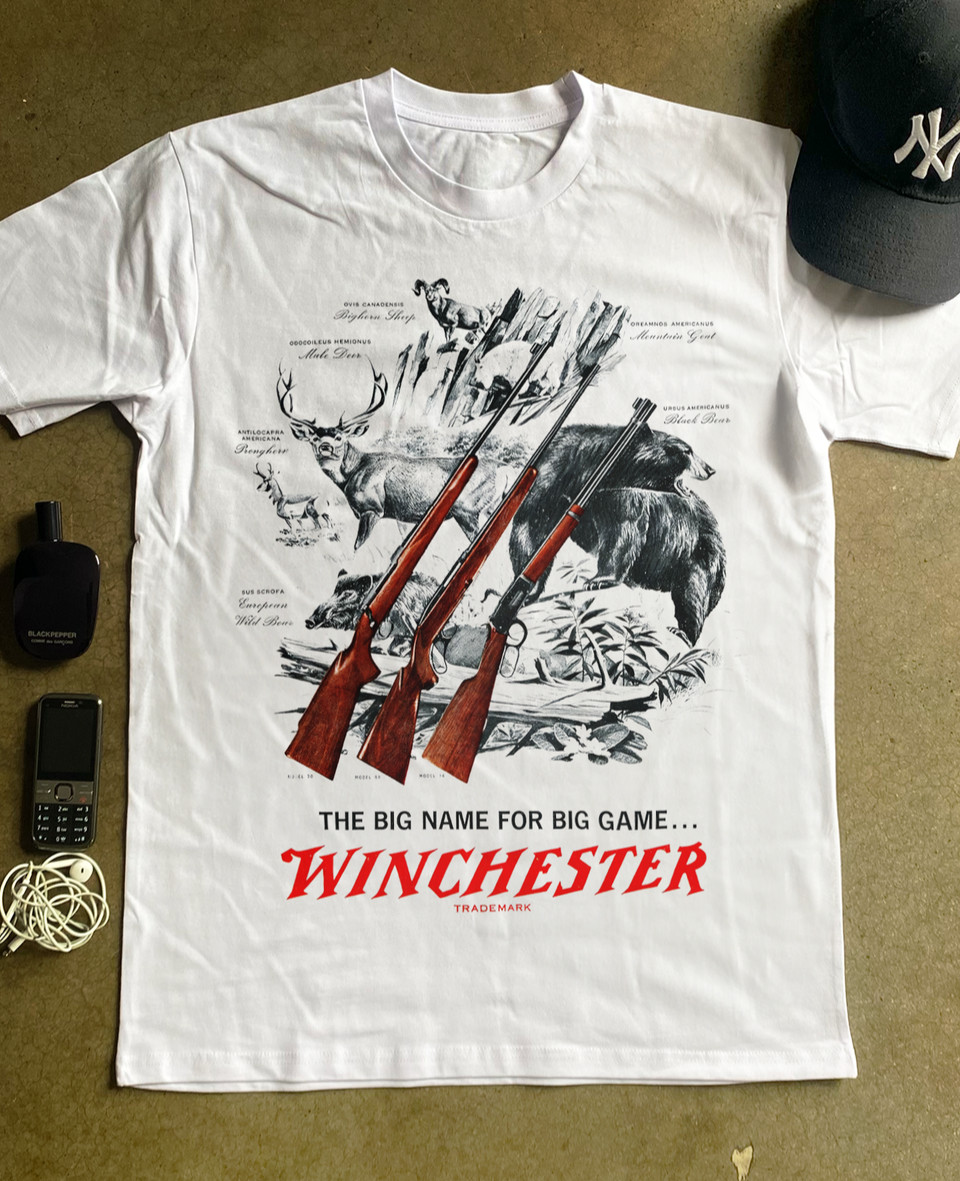 Winchester Big Game T-Shirt Hunting Rifle Ammo Vintage Graphic Tee S-5XL