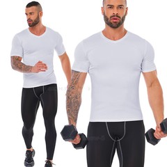 Men’s V-neck T-shirts Compression Quick Dry Bodybuilding Muscle Short Sleeve Tee