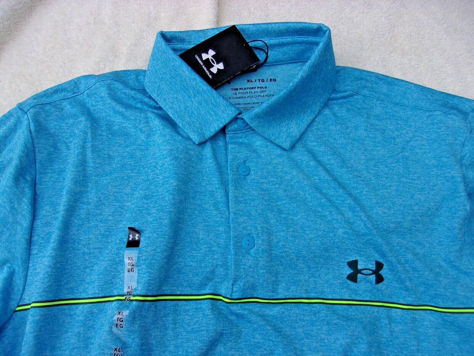 NWT Under Armour Loose Fit Playoff polo, men's L, XL, blue, bright green stripe gallery