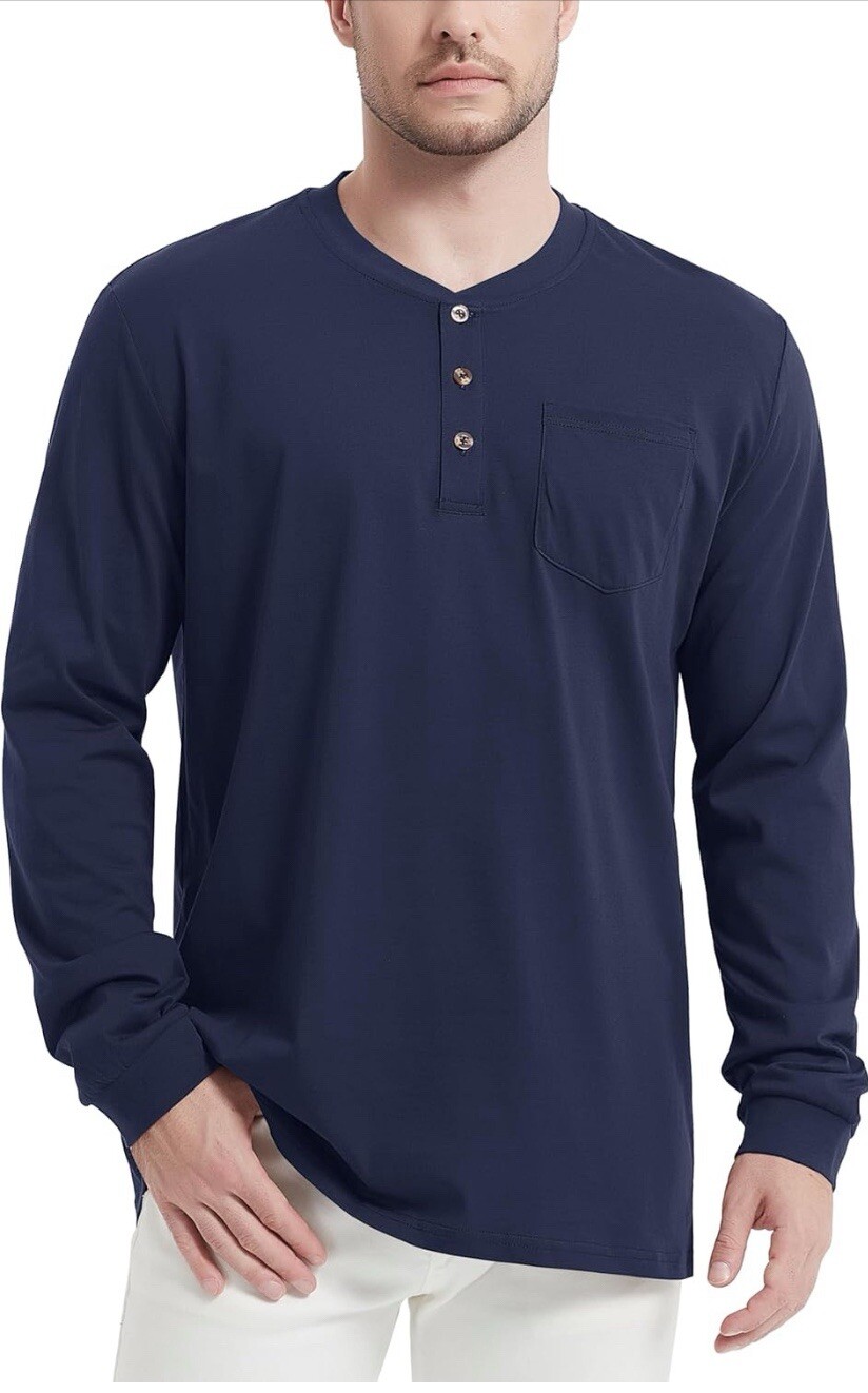 MAGCOMSEN Mens Henley Long Sleeve Casual Shirts Cotton Pocket Nevy Blue Size L gallery