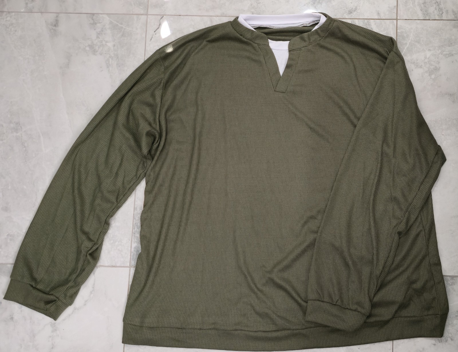 Men's 4XL Olive Green Waffle Knit Long Sleeve Shirt Notch Neck Casual Thermal To gallery