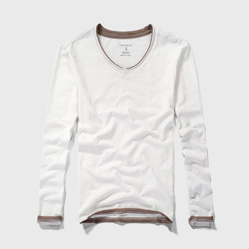 Hot Mens Long-Sleeved T-Shirts New Cotton V-Neck Solid Color Casual Slim Tops gallery