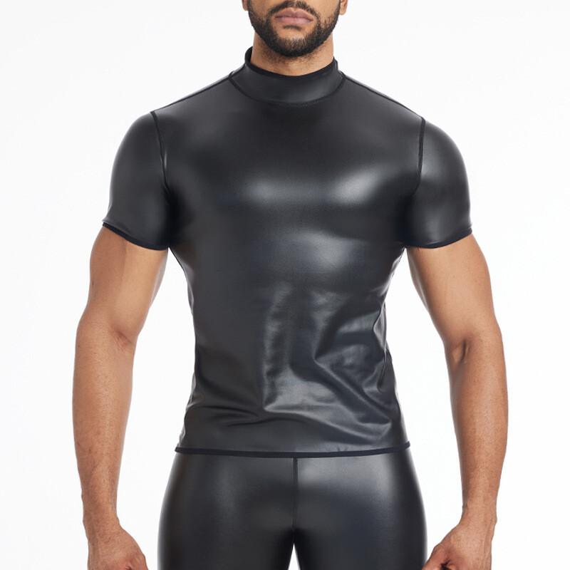 Wet Look Short Sleeve Top Shapewear Blouse for Mens Waist Trainer Corsets gallery
