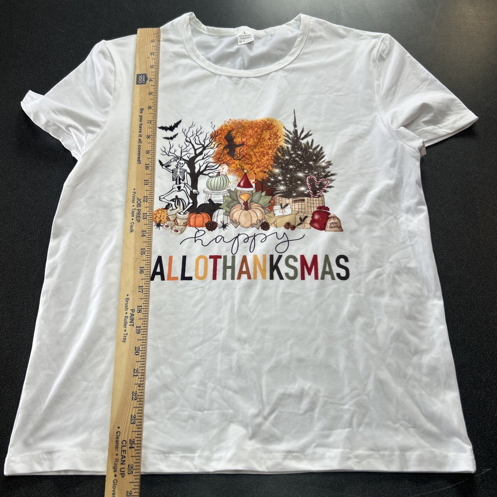 Happy HalloThanksMas Shirt Fall Size L Thanksgiving Christmas Pumpkins Trees gallery