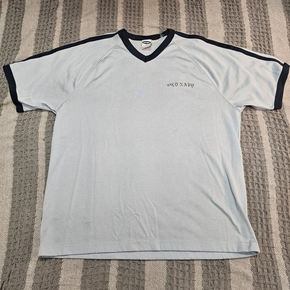 Old Navy Men’s M Light Blue/Navy V-Neck Ringer T-Shirt 8 Graphic Gothic font