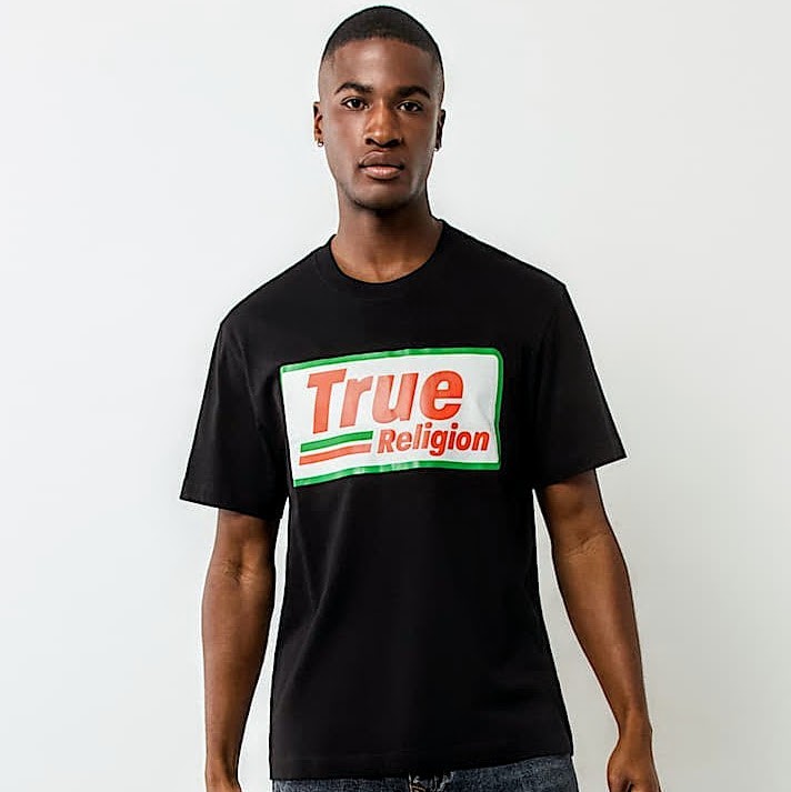 True Religion T-Shirt Men's XL Black White Orange Green Jeans Gas Box Logo NWT gallery