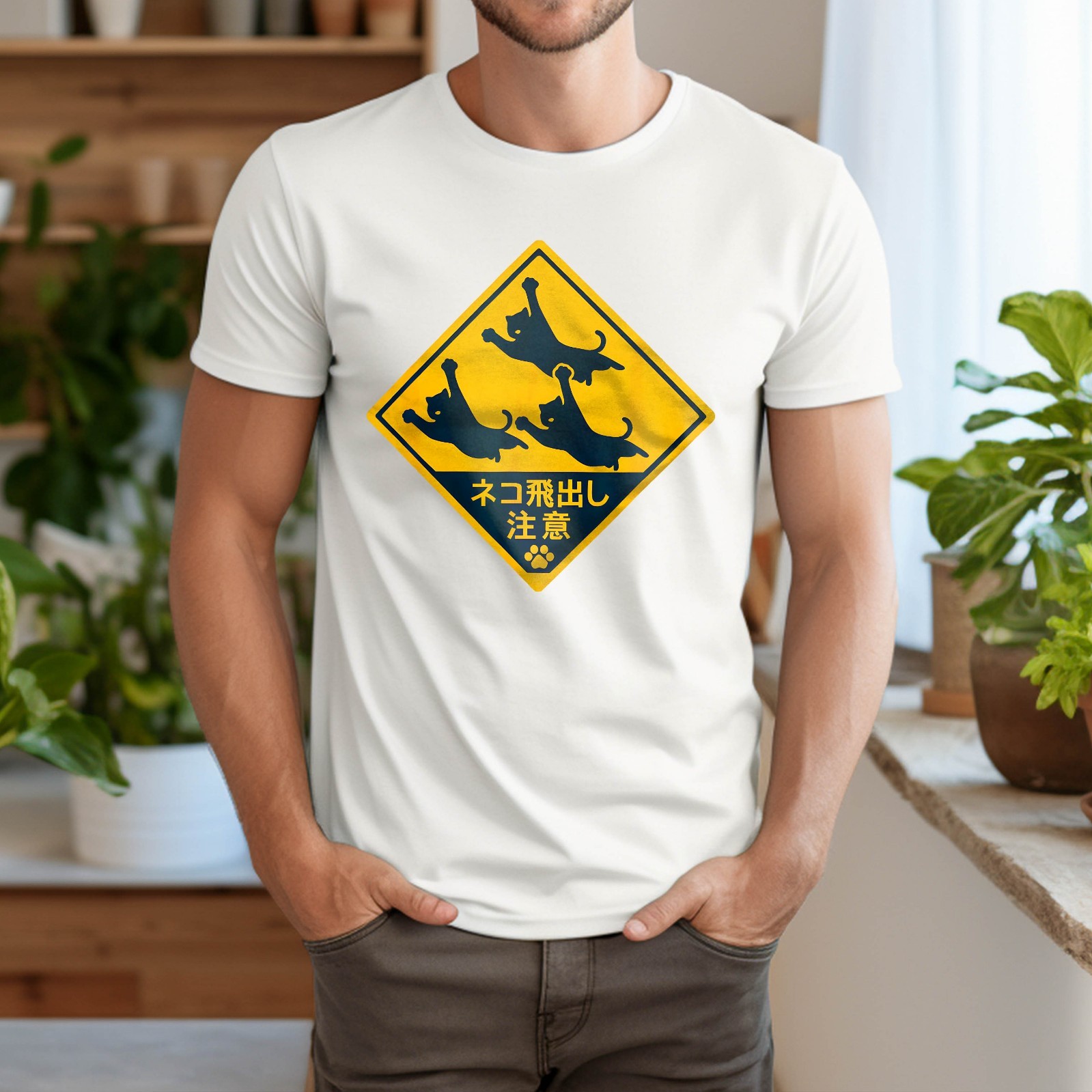 Cats Jumping Road Sign – Beware Japan Japanese Cat Lover Fun T-Shirt